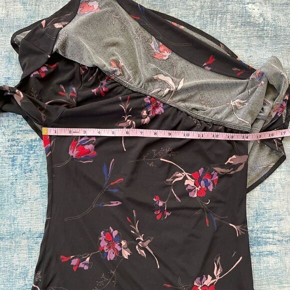 Veronica M Black Red Purple Floral Ruffle Asymmetrical One Long Sleeve Top XS - Picture 8 of 10